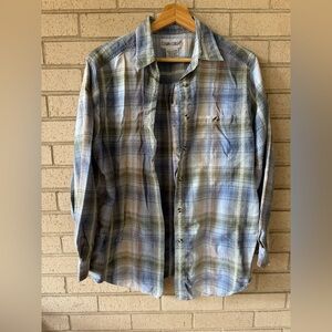Cabin Creek Blue Green Plaid Button Down Shirt Cotton Medium
